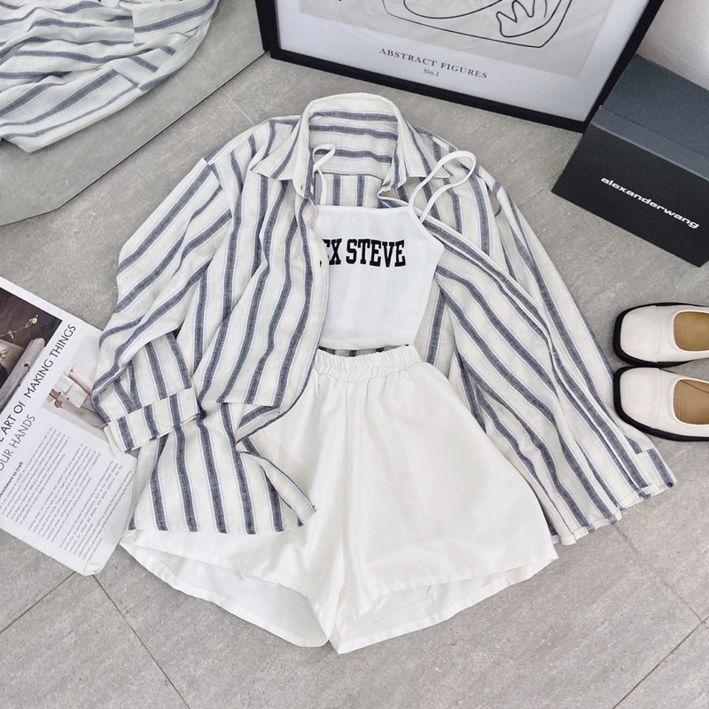 SET 3 MÓN:  SƠ MI KẺ SỌC + THUN CROP 2S TRẮNG  + SHORT