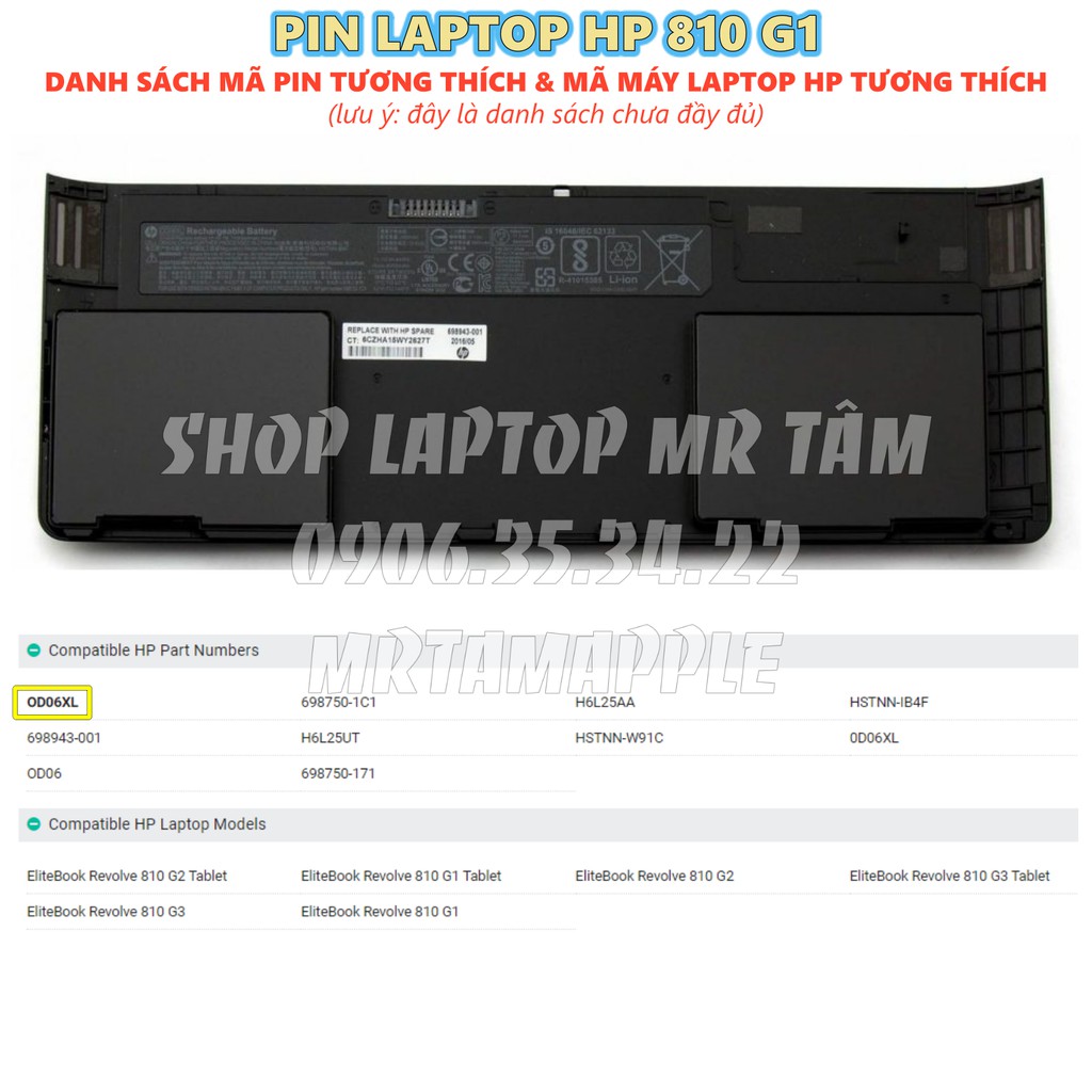 Pin Laptop HP 810 G1 (OD06XL) (ZIN) - 3 CELL - HP Elitebook Revolve 810 G1 G2 G3