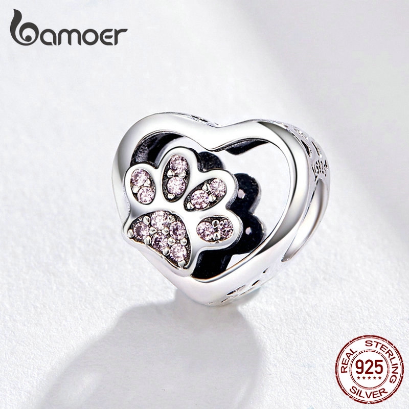 Mặt dây Bamoer hình trái tim phối dấu chân thú cưng bằng bạc đáng yêu