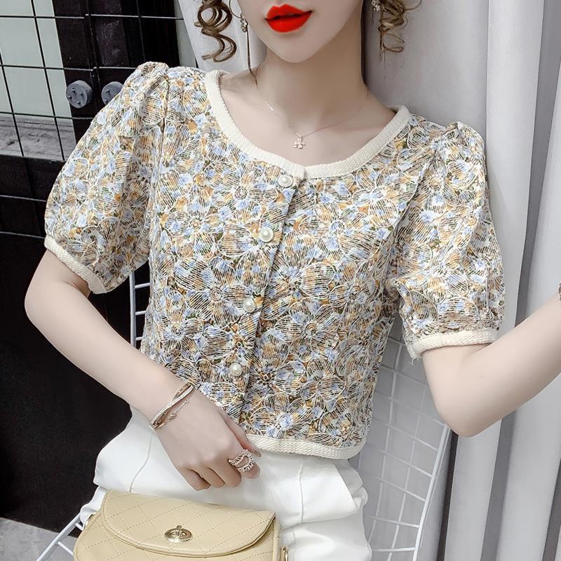Áo Sơ Mi Crop Top Nữ Tay Ngắn In Hoa Phong Cách Hàn Quốc Cổ Điển Thời Trang Mùa Hè Mới