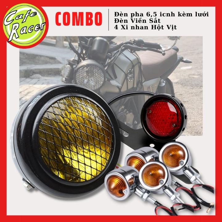 Combo đèn pha lưới 6,5icnh gáo sắt kính vàng cùng đèn hậu lưới và 4 xi nhanh lưới độ xe CAFE RACER