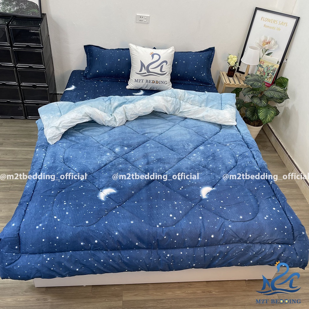 Ga giường, chăn phao, chăn hè và 2 vỏ gối M2T Bedding, Chăn ga gối đệm phong cách Hàn Quốc - PLX Màn đêm