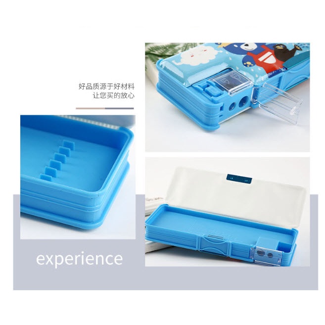 [HCM] Hộp bút nhựa hít 2 mặt có đồ chuốt bút chì - Màu Hồng/ Xanh dương hoạt hình dễ thương