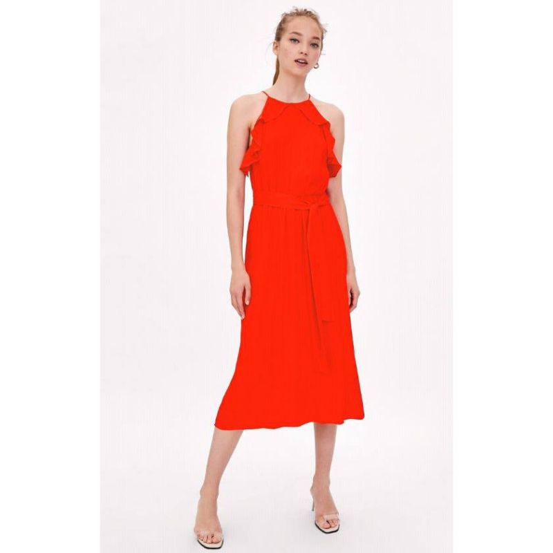Đầm midi yếm viền bèo gấm hoa Zara auth - used