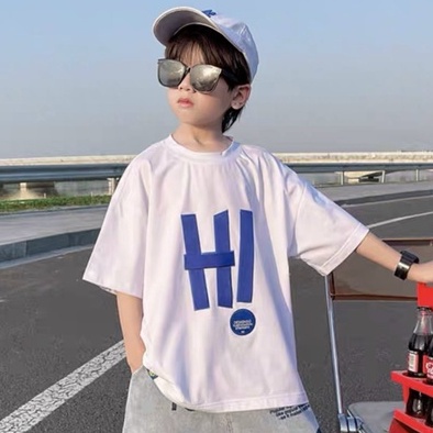 Áo thun bé trai Con Xinh cotton in chữ HI.,thời trang dành cho trẻ em từ 4 đến 10 tuổi