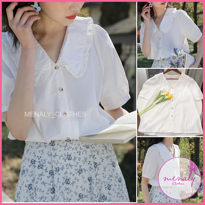 Áo sơ mi trắng hàn quốc cộc tay phồng áo sơ mi cổ bèo vintage nhẹ nhàng nữ tính
