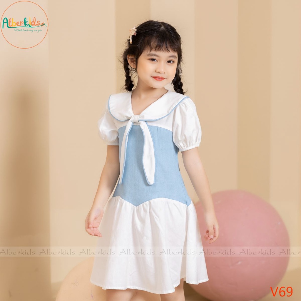Váy bé gái ALBERKIDS cổ phối nơ cho trẻ em 2,3,4,5,6,7,8,9,10,11,12 tuổi