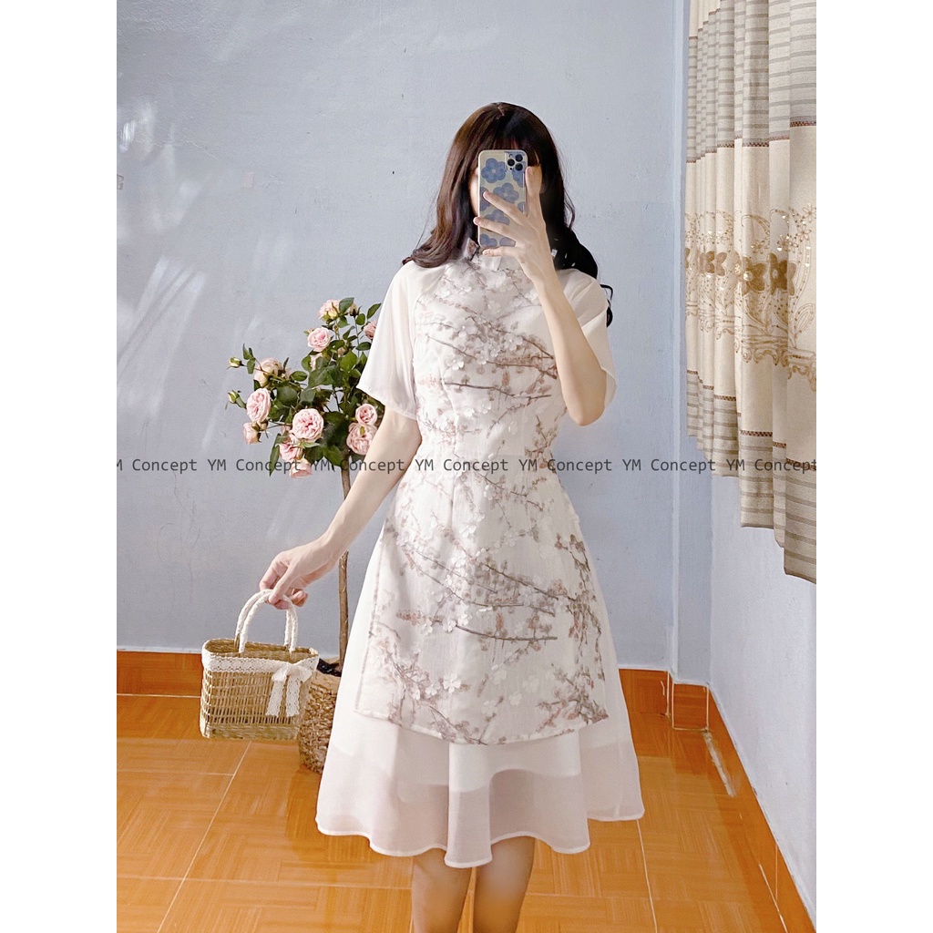 Sét áo dài hoa nổi phối voan tay lửng - D0099