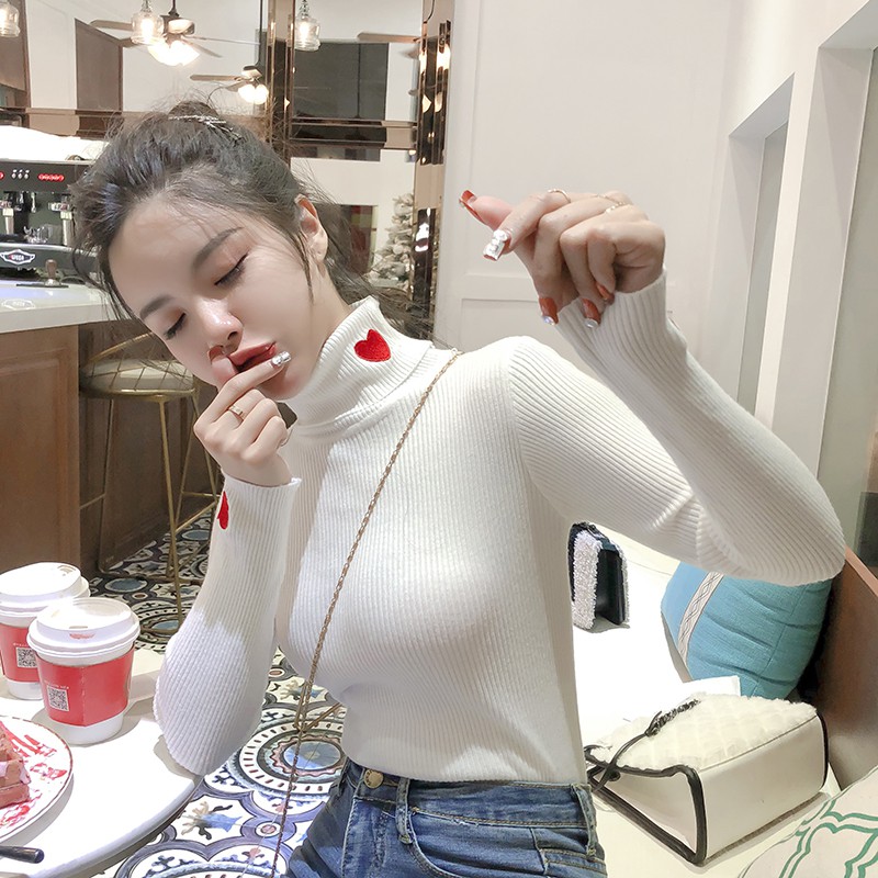 Áo len nữ dài tay cổ lọ,họa tiết trái tim đỏ cực yêu dải sọc giảm béo, không xù thời trang co dãn tốt ,siêu ấm