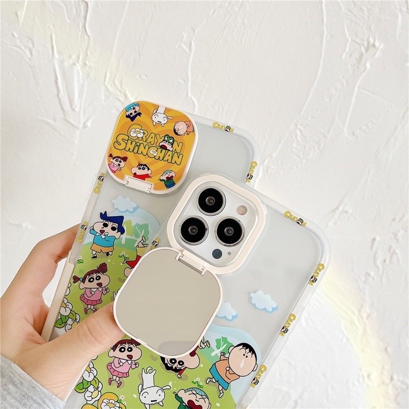 Ốp lưng iphone mềm dẻo viền bo tròn chống sốc có gương che bảo vệ camera và chân để bàn tiện lợi hoạt hình cushin cute