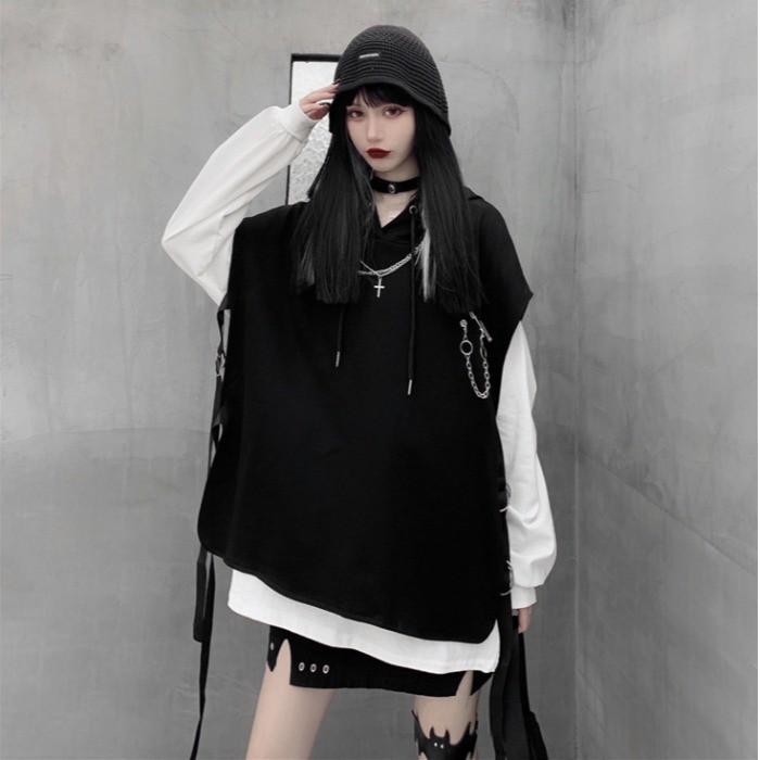 Set Áo Hoodie Sát Nách Form Rộng + Áo Thun Tay Dài Phong Cách Retro Đường Phố