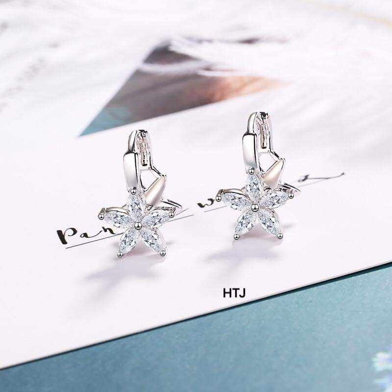 Bông tai bạc Bông Hoa mẫu bấm đính đá bạc cao cấp Van Jewelry V10409