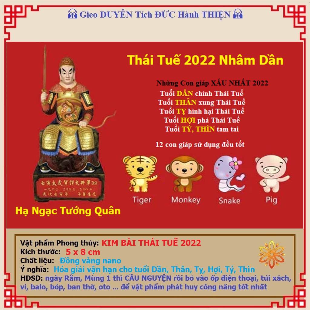 Thái Tuế năm 2022 - Kim Bài Thái Tuế Nhâm Dần năm 2022 - hóa giải vận hạn tuổi Dần, Thân, Tỵ, Hợi, Tý, Thìn