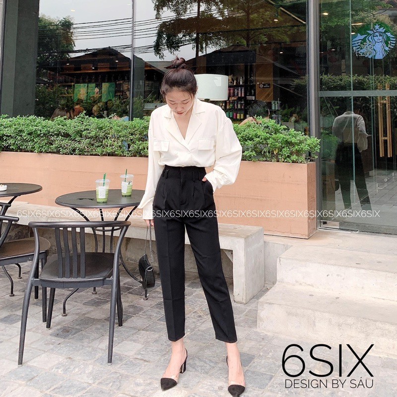 Áo sơ mi cổ vest nữ dài tay túi nắp thời trang công sở 6SIX closet