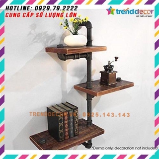 Kệ treo tường gỗ 3 tầng kệ ống nước chất liệu ống sắt bền đẹp lắp ráp gắn tường trang trí nhà à quán cafe đẹp