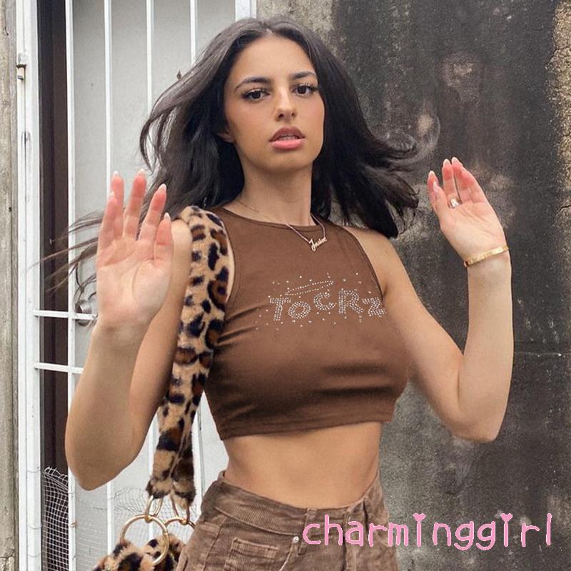 Áo lửng không tay cổ tròn dáng ôm đính kim cương giả giản dị cho nữ