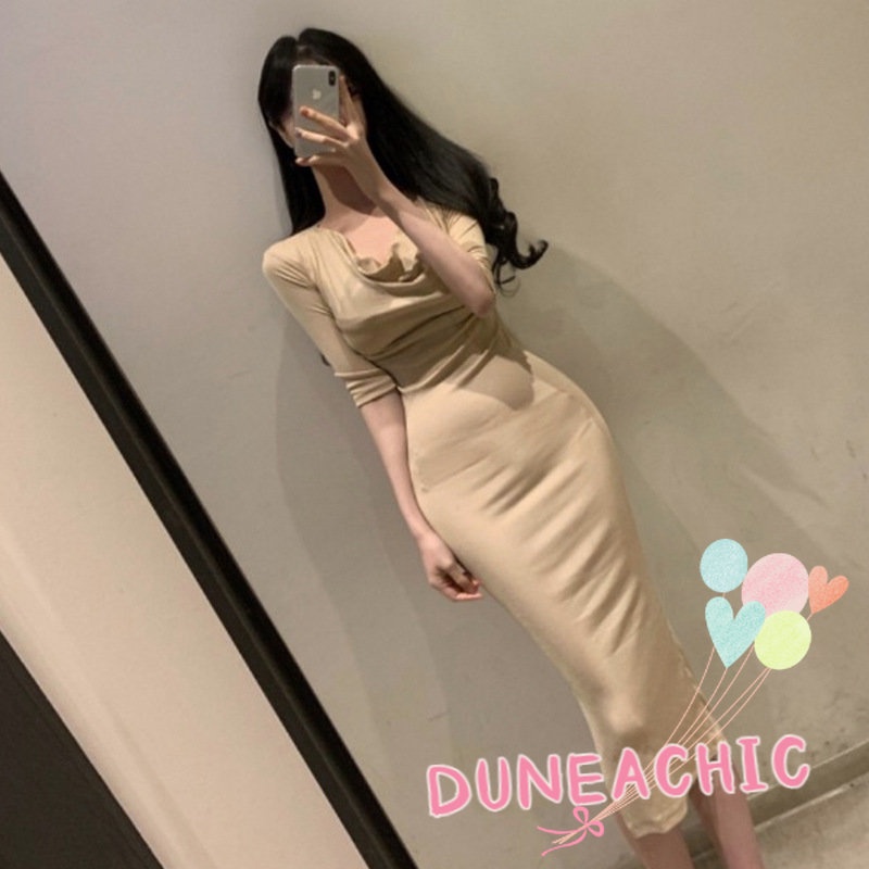 DUNEA Đầm nữ DUNEA tay dài ôm dáng xẻ tà thời trang quyến rũ