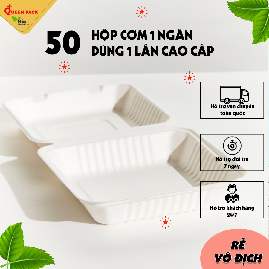 50 Hộp Cơm Bằng Bã Mía 1 Ngăn Nắp Liền Dùng Đựng Cơm, Thức Ăn