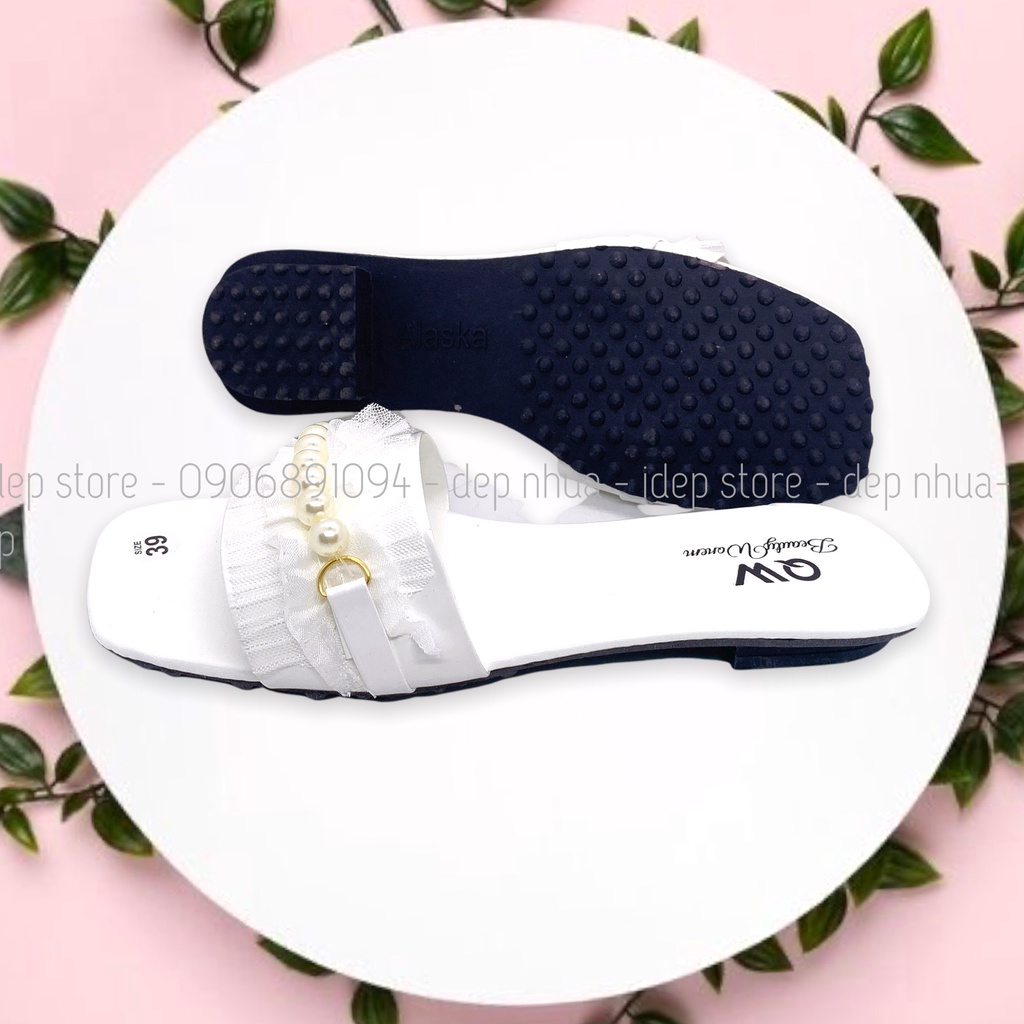 Dép nữ quai ngang bèo nhún nhúm đính ngọc châu đẹp hot trend iDép- DL146