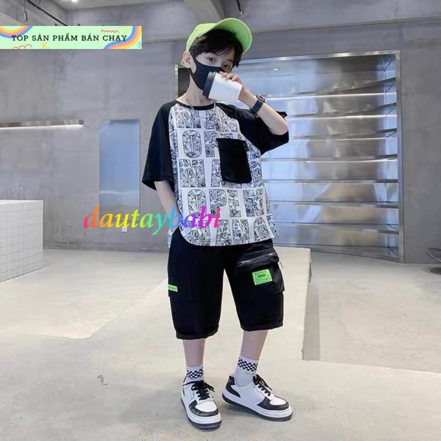 Bộ thun bé trai hiphop áo in chữ ngắn tay quần túi hộp thun cotton cao cấp mùa hè mịn mát cho bé 25-52kg