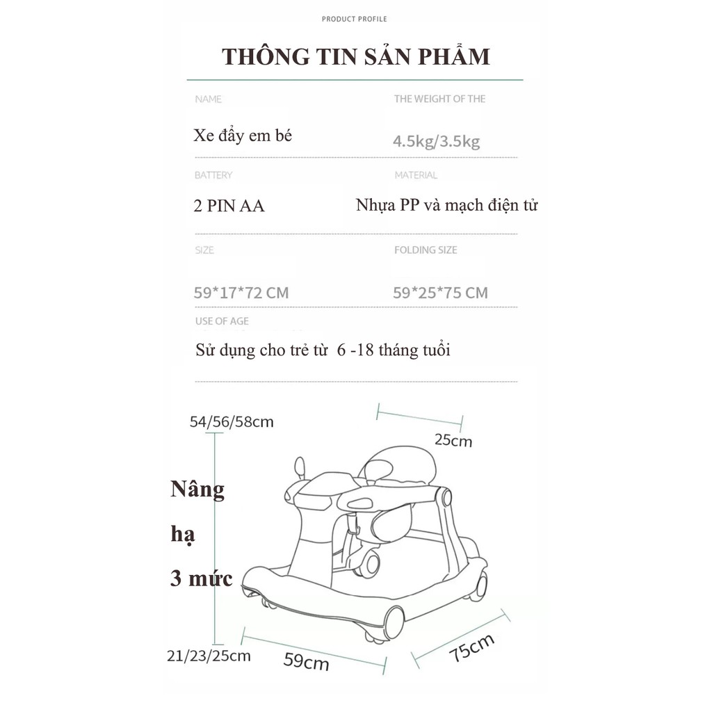 Xe tập đi cho bé chữ U 2IN1 đa năng, tạo cho bé phương hướng cố định khi di chuyển, nâng hạ độ cao, có nhạc và đèn