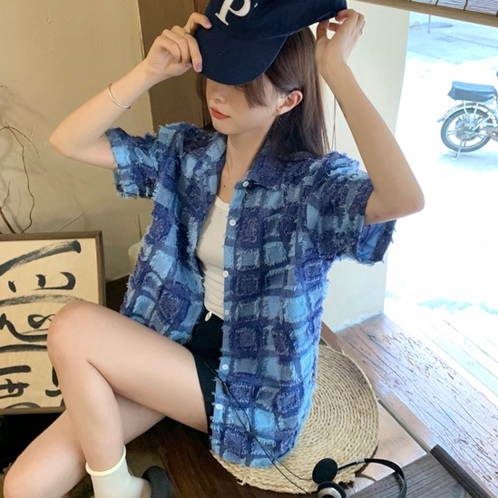 【ZHELIHANGFEI】Áo Sơ Mi Nữ Tay Ngắn Dáng Rộng Họa Tiết Caro Dễ Phối Đồ