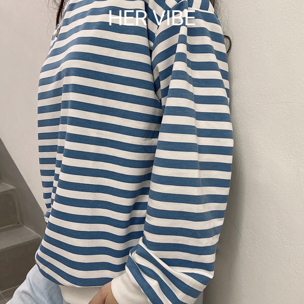 Áo hoodie nỉ nữ form rộng unisex kẻ sọc ngang đen và xanh thun dài tay phong cách Hàn Quốc Her Vibe | BigBuy360 - bigbuy360.vn