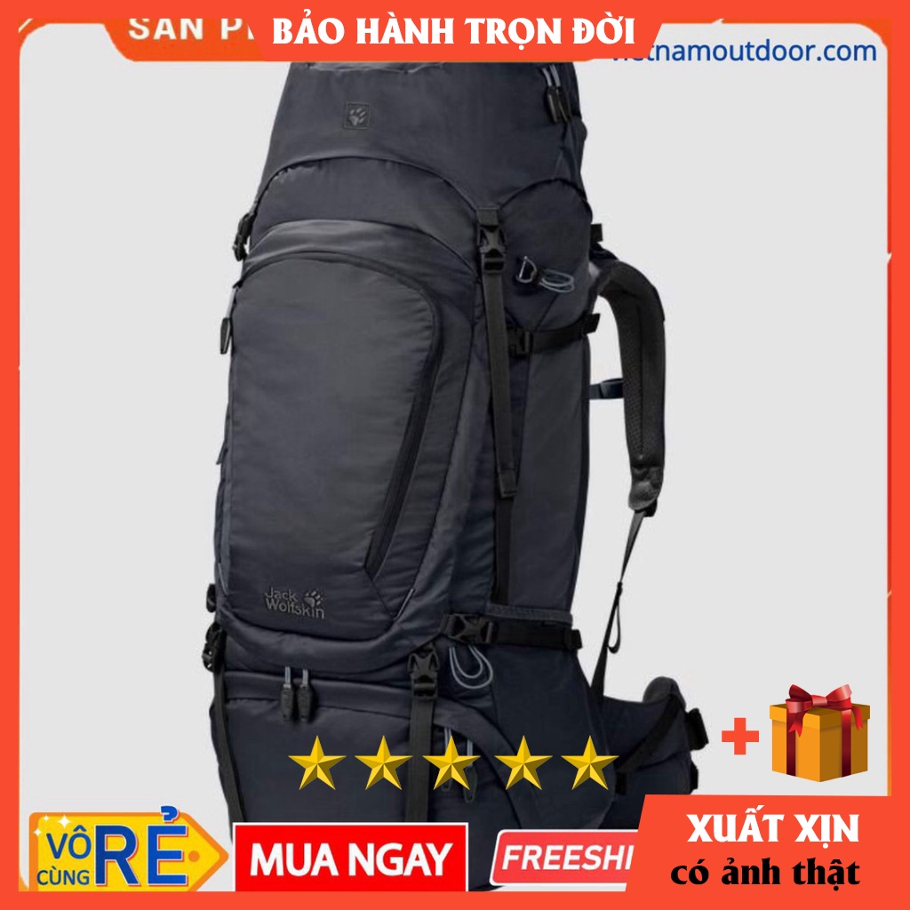 Balo du lịch phượt leo núi Jack Wolfskin Denali 75L đi kèm áo mưa balo có đai đeo trợ lực cao cấp