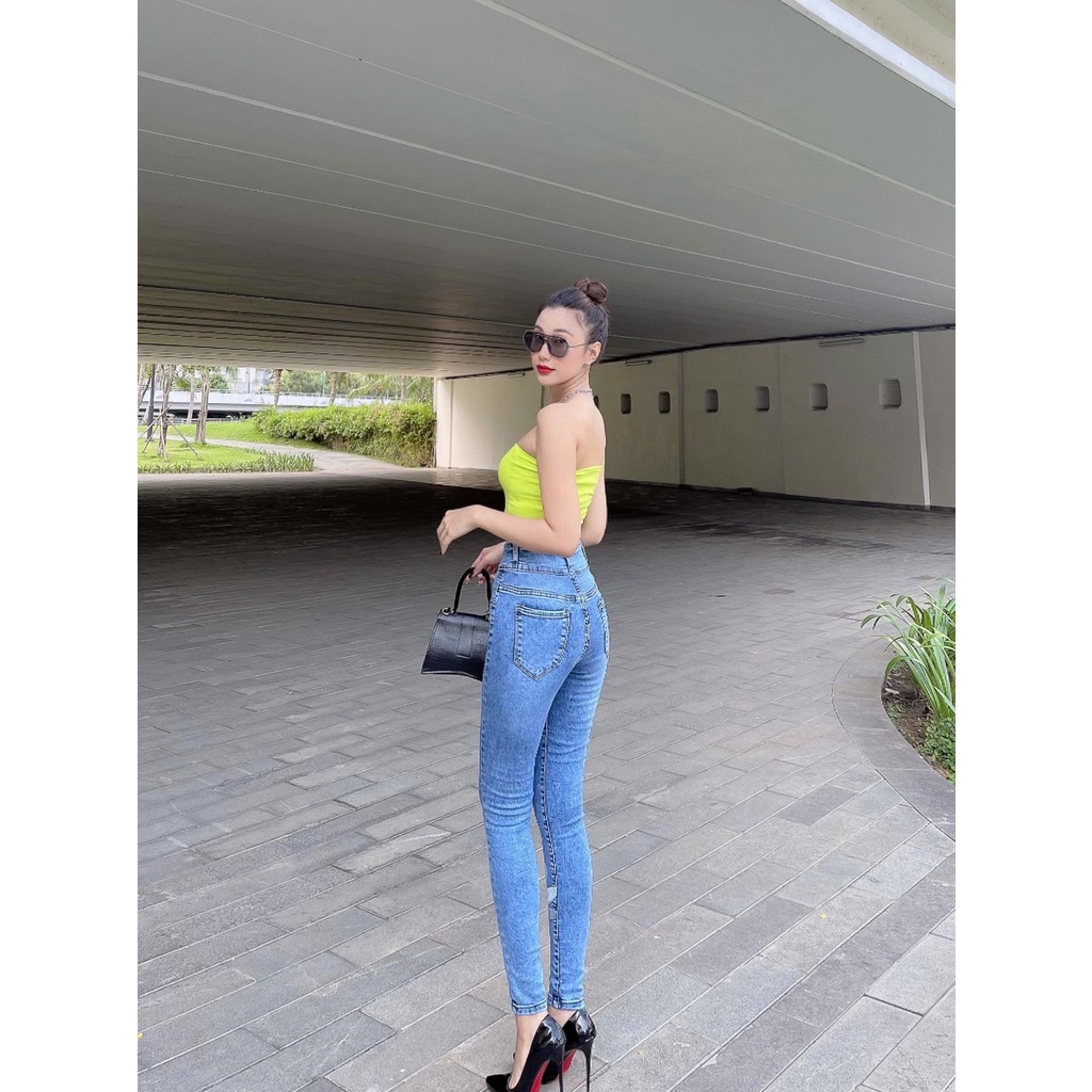 Quần jean dài nữ thêu hoa lưng cao 2 nút hàng co giãn có size đại