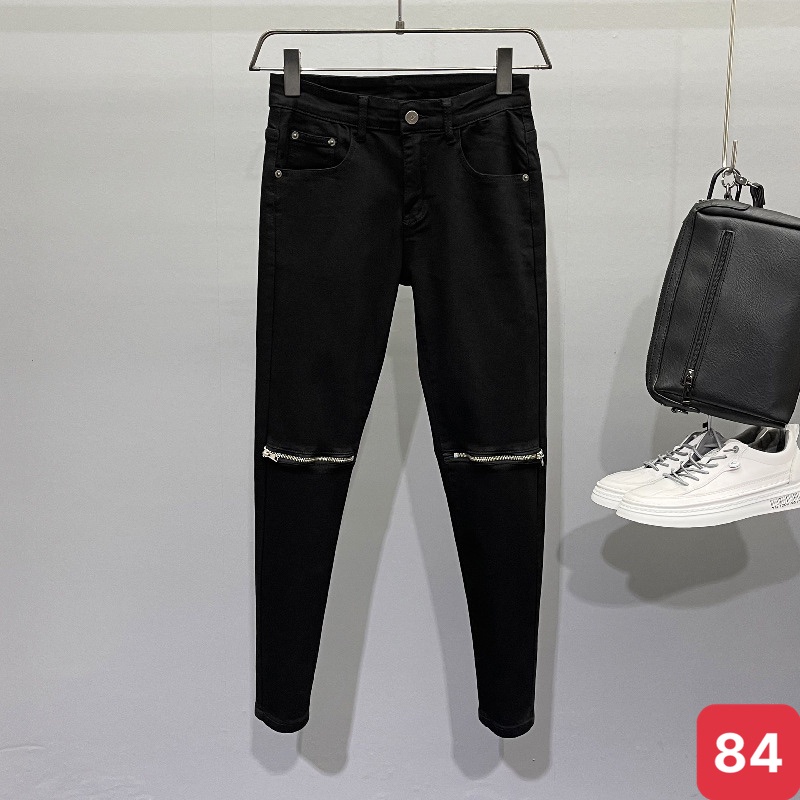 Quần jean nam rách gối kéo khóa màu đen trơn chất jeans bò cao cấp co dãn 4 chiều rin form dáng skinny ADO8