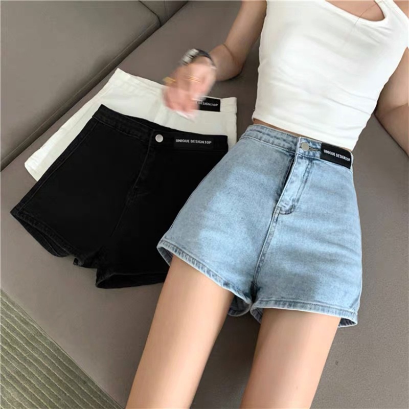 Quần Short Jean Chữ A Lưng Cao Màu Trơn Phối Nút Khóa Kéo Trước Cá Tính Cho Nữ