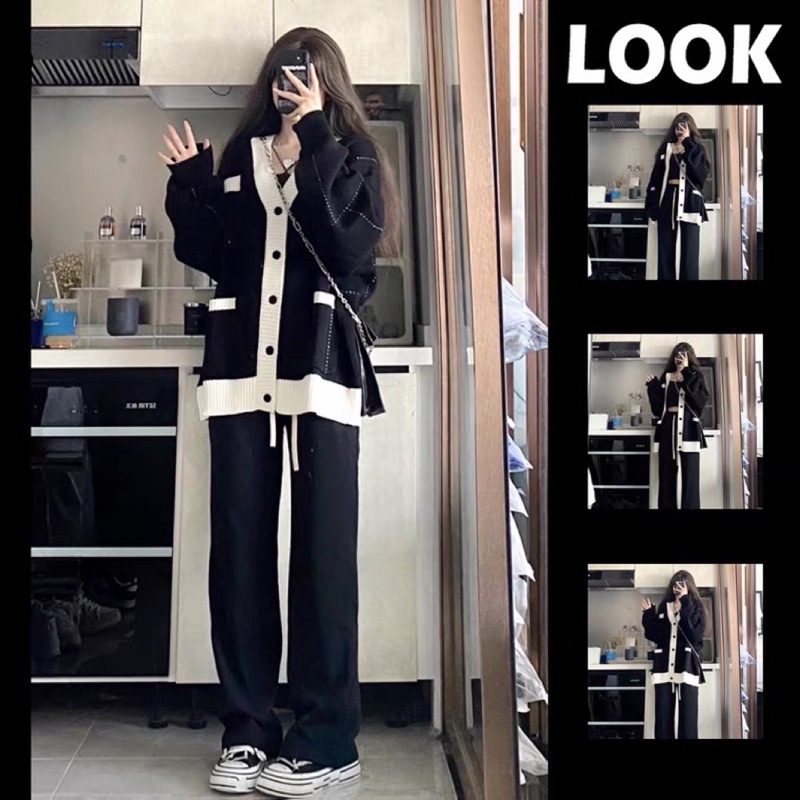 VIDEO Áo cardigan len màu đen viền trắng có túi siêu nổi bật oversize cổ V phong cách hàn quốc