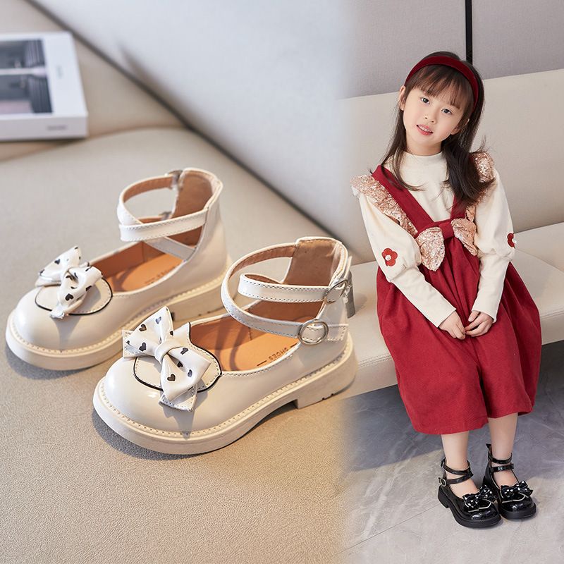 Giày búp bê bé gái hai quai chéo,Giày Vintage da mềm nơ trái tim Hàng Quảng Châu cao cấp