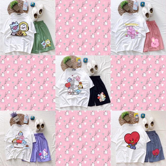 [17 Mẫu]Set Hoạt Hình Dễ Thương/Áo Thun Tay Lở+Short In Ảnh Thật