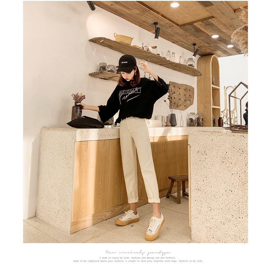 SUXI Quần jeans lưng cao ống rộng phong cách Hàn Quốc