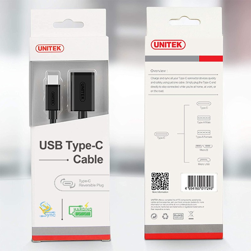 Dây USB type-C OTG - USB-C 3.1 đực ra USB 3.0 cái cắm Chuột Bàn phím USB flash cho Macbook Smartphone 1M Unitek Y-C476BK