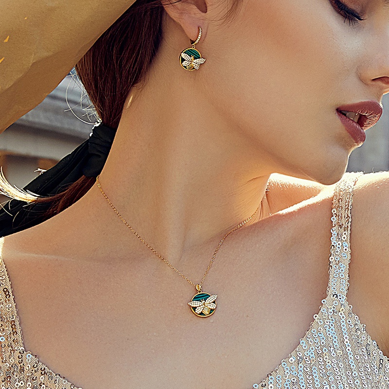 Dây chuyền/ Khuyên tai Bamoer bằng bạc 925 mặt ong đính đá Malachite thời trang cho nữ