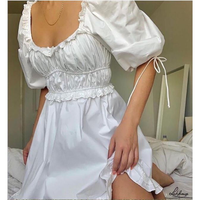 Ldd-đầm Liền Thân Tay Ngắn Cổ Vuông Eo Cao Màu Trơn Đơn Giản S/M/L Cho Nữ