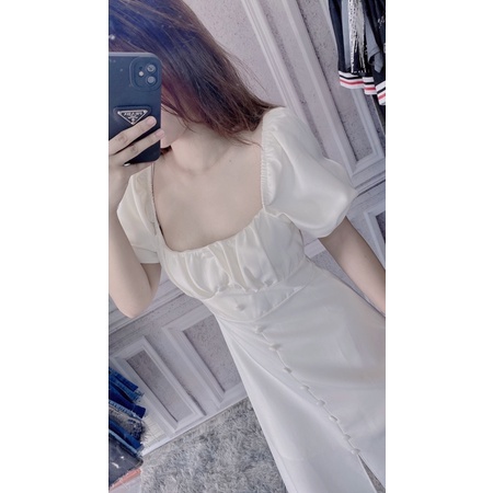 [  TỔNG CỦ XẢ] Đầm midi trắng cổ vuông cúc bọc lỗi nhẹ