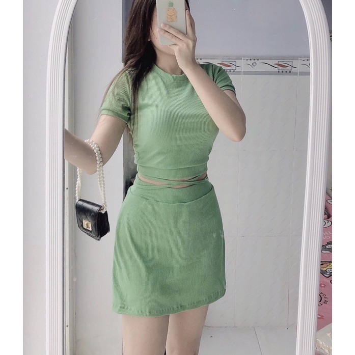 [ẢNH THẬT] Set bộ áo crotop dây buộc eo+chân váy siêu xinh