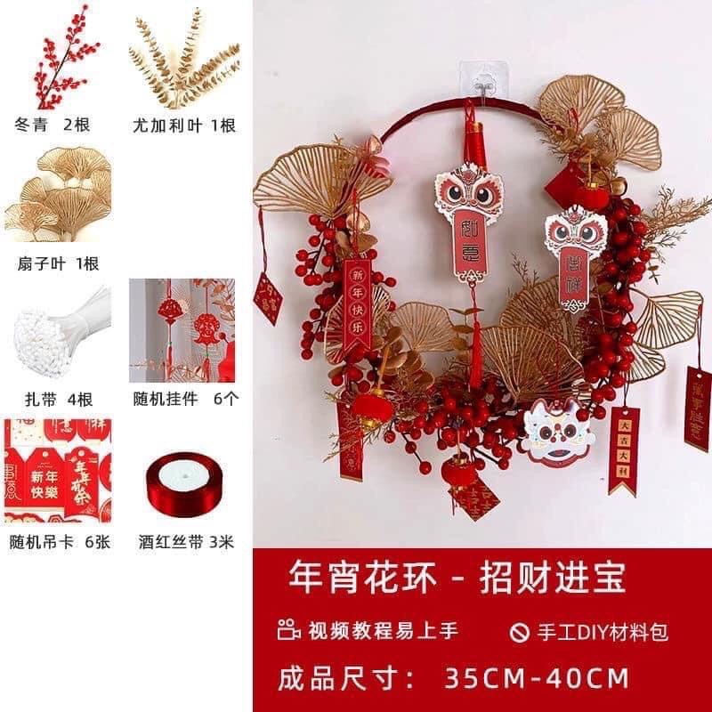 Vòng hoa đào đông đỏ Vòng hoa đào tết treo cửa trang trí đêm tân hôn Ngày tết may mắn tài lộc, Decor nhà cửa