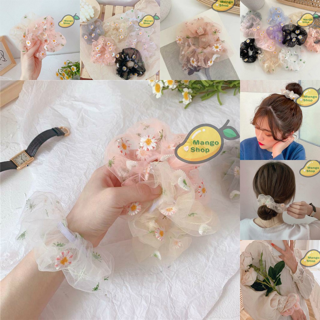 Dây cột tóc thêu cúc hoạ my voan lưới Scrunchies ( Scrunchies thêu hoa daisy xinh xắn )