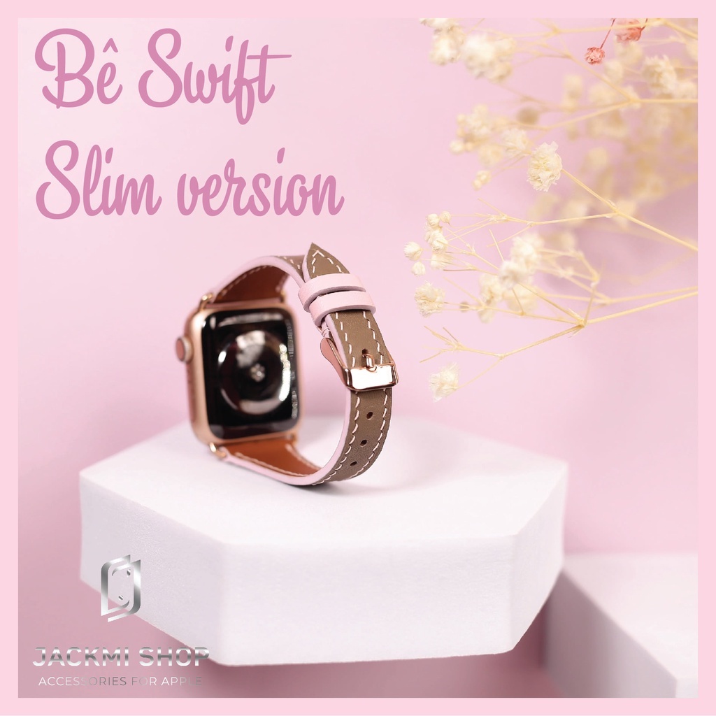 [DÂY DA THẬT] DÂY DA BÊ SWIFT BẢN NHỎ MAY TAY THỦ CÔNG MÀU NÂU TÂY CHỈ HỒNG CHO APPLE WATCH SERIES 1=&gt;6 (BẢO HÀNH 1 NĂM)