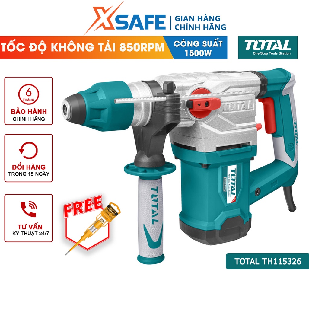 Máy khoan búa cầm tay TOTAL TH115326 1500W tốc độ 850rpm, tốc độ đập 4400bpm, khả năng khoan 32 mm, đục 14mm - xsafe