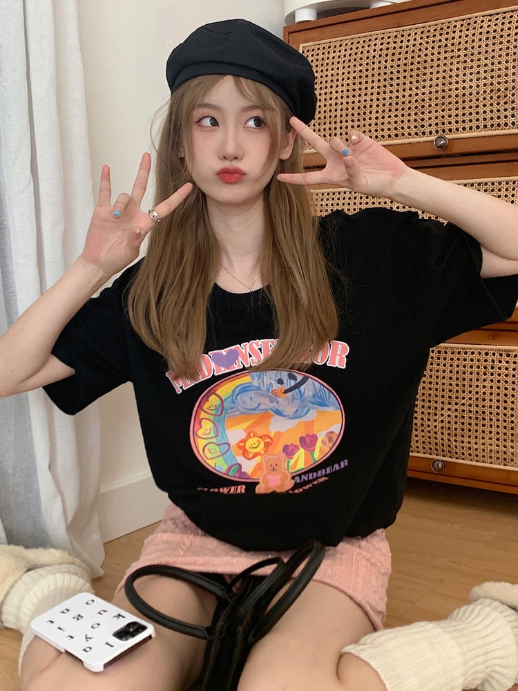 Áo Thun Dáng Rộng Ngắn Tay Cổ Tròn In Hình Gấu Và Chữ 50254 Hợp Mùa Hè