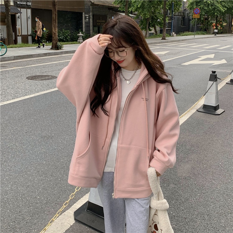 Áo Hoodie Bằng Vải Bông Dày Dặn Màu Hồng Thời Trang Hàn Quốc