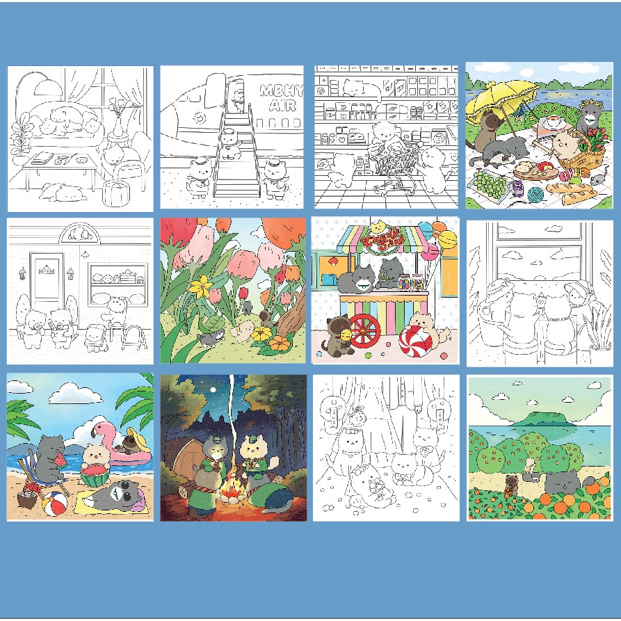 Bộ tranh tô màu nước " Nhũng chú mèo tinh nghich" combo 12 tranh giấy dầy đẹp