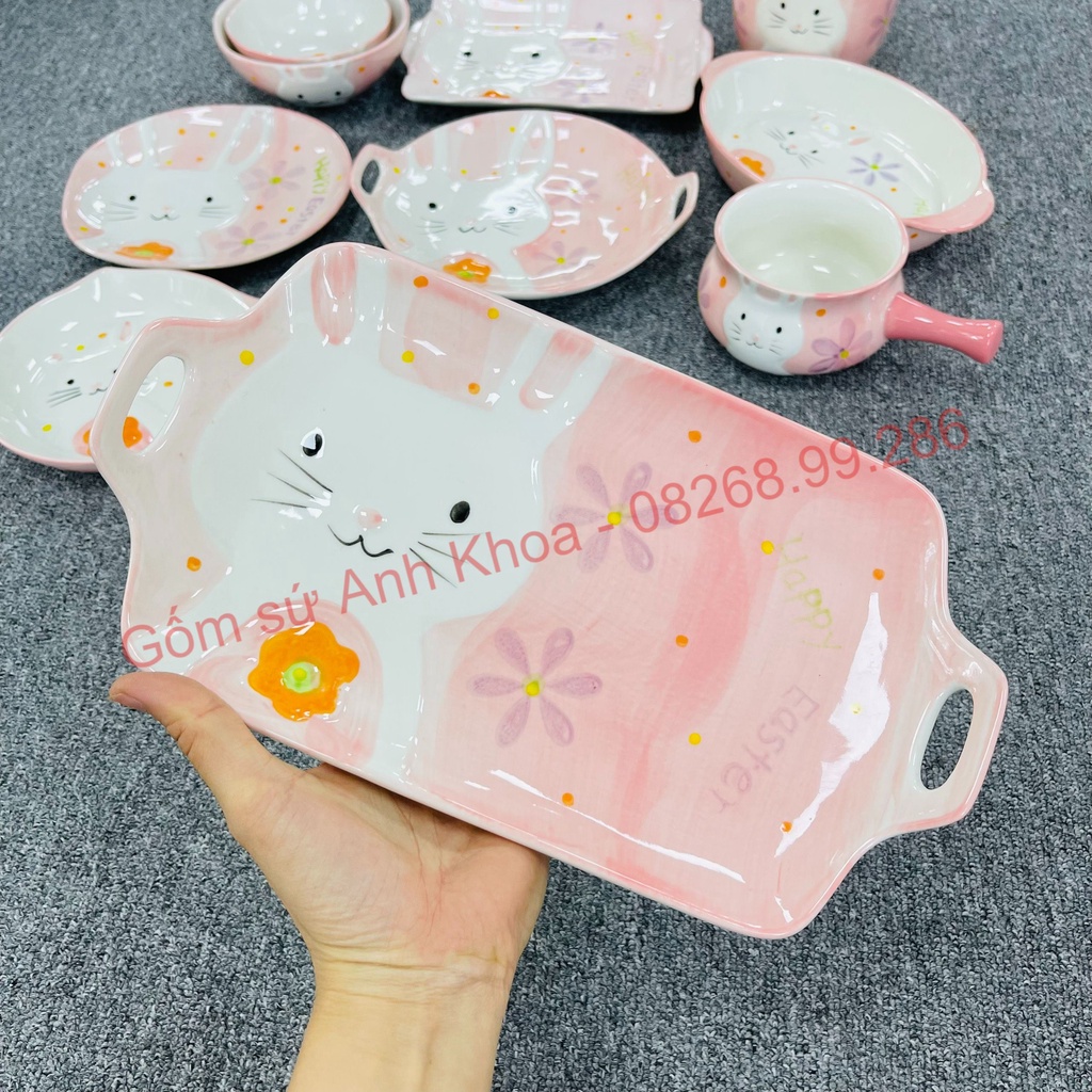 Chén Dĩa Dễ Thương Đĩa Sứ Set Bát Đĩa Decor Bát Ăn Cơm Chén Sứ Đẹp Bộ thỏ hồng 10 món cute