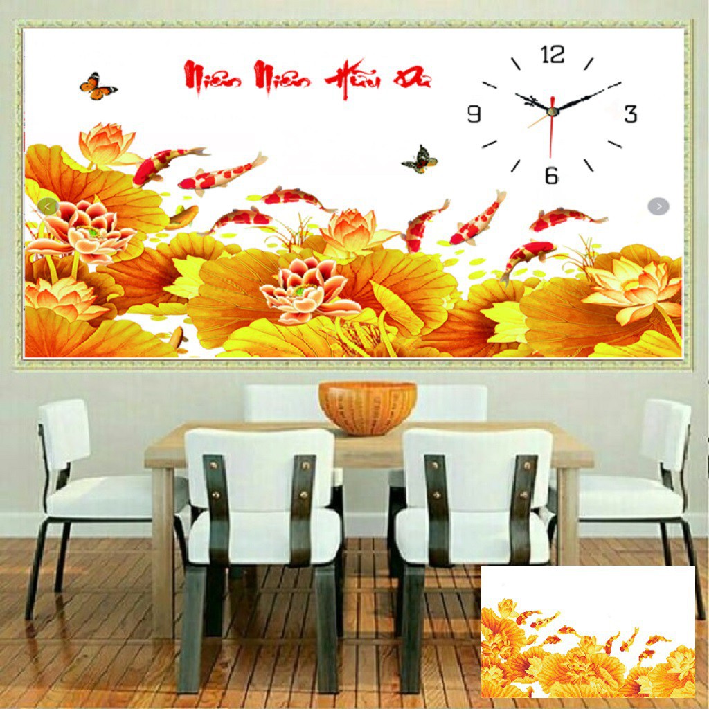 Tranh đính đá tự làm Đồng Hồ CÁ NIÊN NIÊN HỮU DƯ. Kích Thước: 75cm x 50cm
