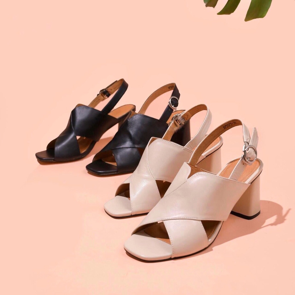 Sandal  Nữ Quai Chéo Da Thật Gót Trụ Cao 7cm